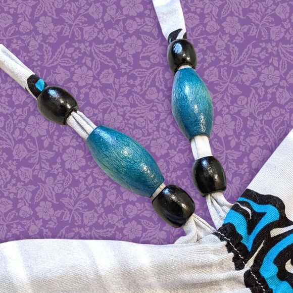 2000s Venus White and Blue Beachy Halter Dress with Wooden Bead Detail | Size M - Picture 3 of 7